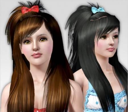 Женская прическа c длинными волосами и челкой для Симс 3 в формате sims3pack